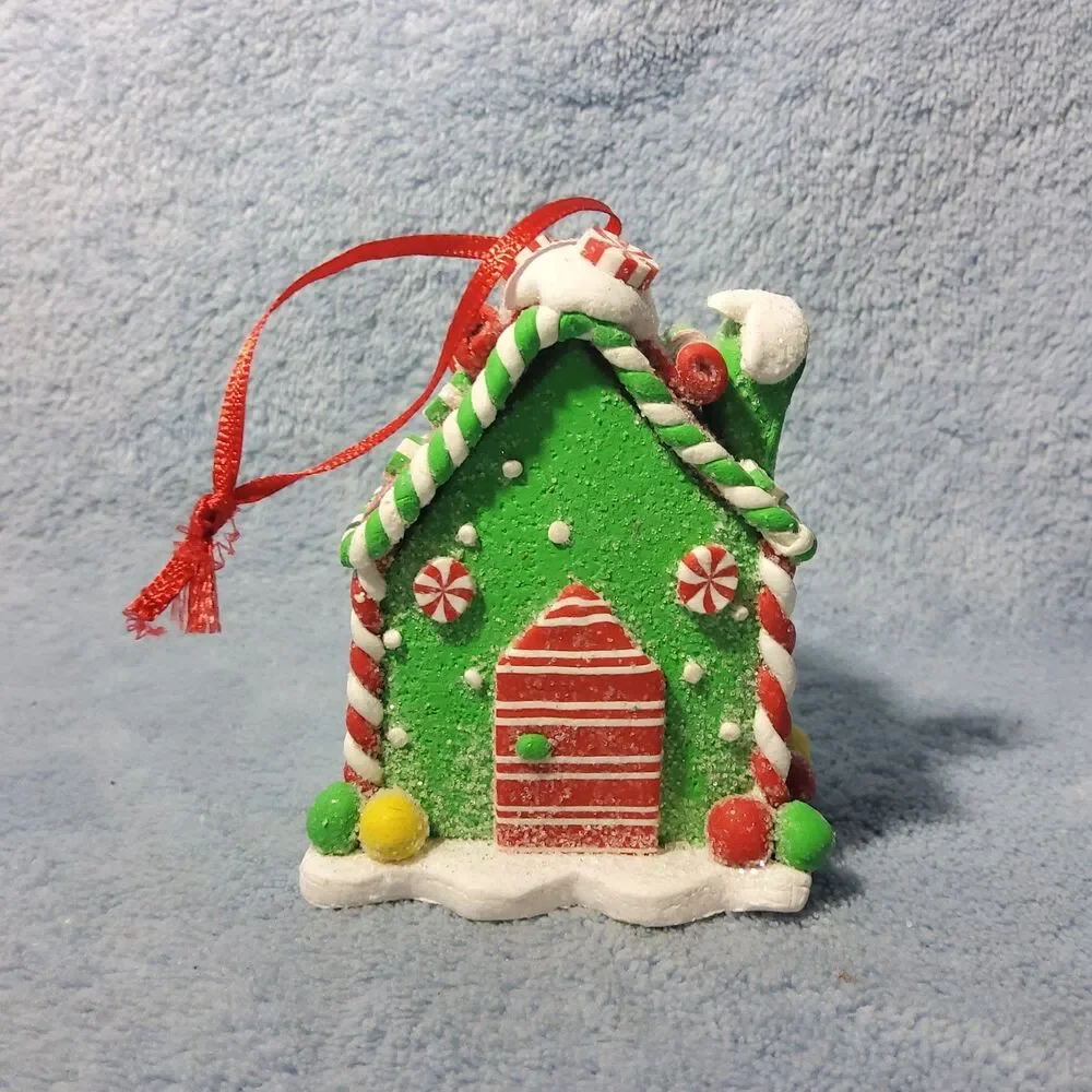 Green Gingerbread House Christmas Ornament Peppermint Candy Cane Clay Dough 3.25